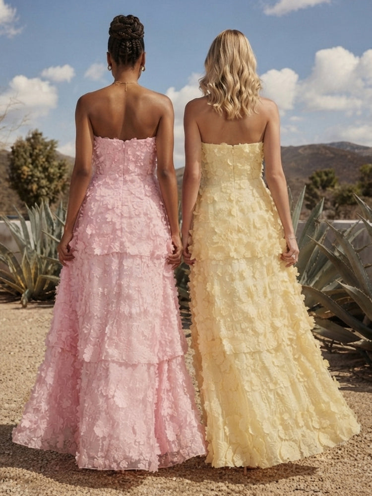 Chiffon A-Line Strapless Long Wedding Guest Dresses with 3D Flowers