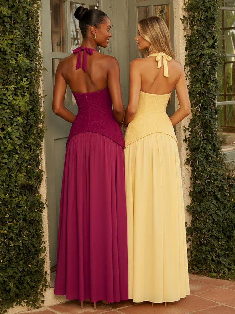 Jacquard A-Line Halter Long Wedding Guest Dresses with Slit