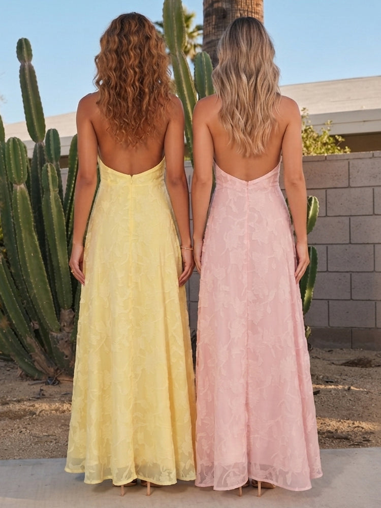 Jacquard A-Line Halter Long Wedding Guest Dresses with Corset
