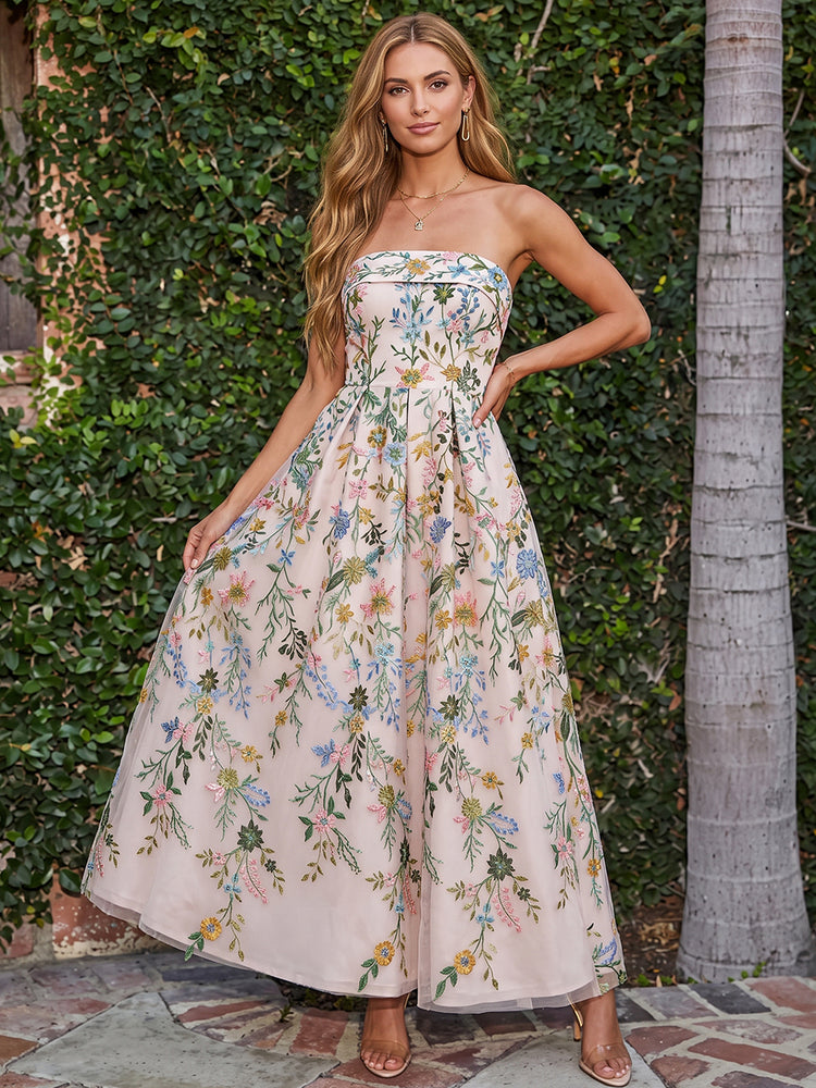 Satin A-Line Strapless Long Wedding Guest Dresses with Pleated