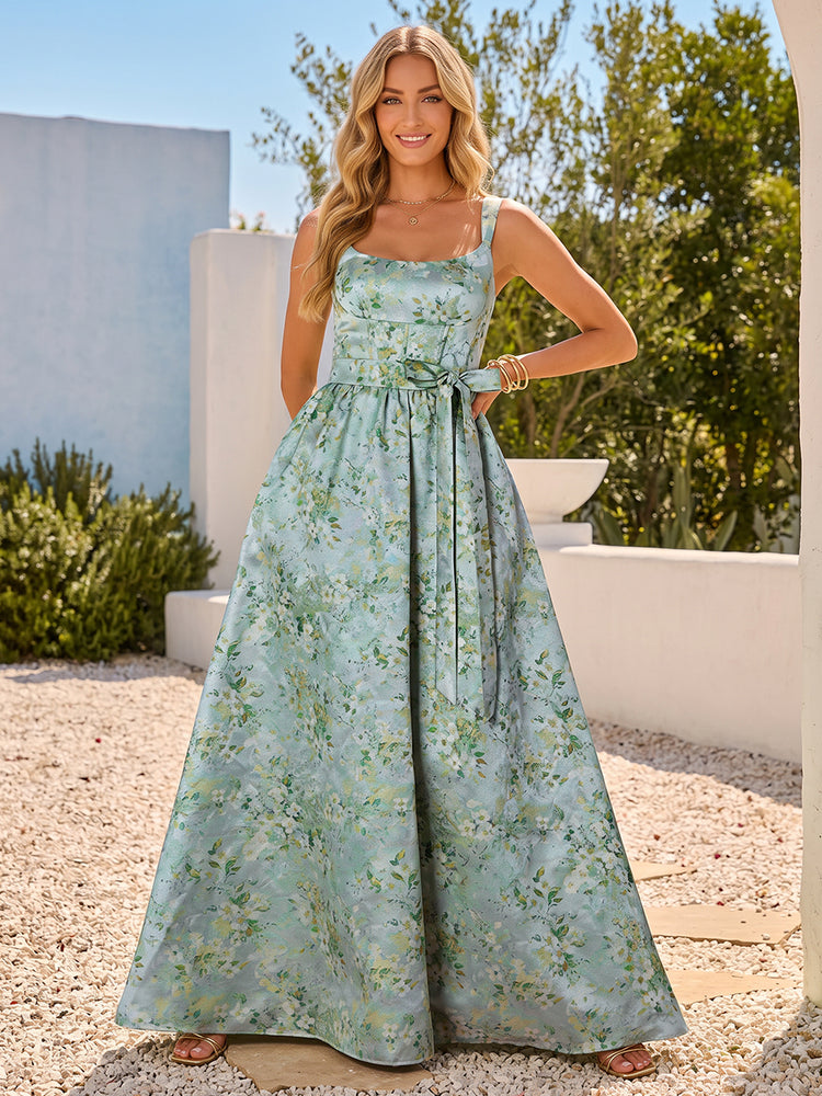 Floral A-Line Spaghetti Straps Long Wedding Guest Dresses with Bow
