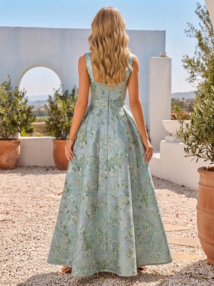 Floral A-Line Spaghetti Straps Long Wedding Guest Dresses with Bow