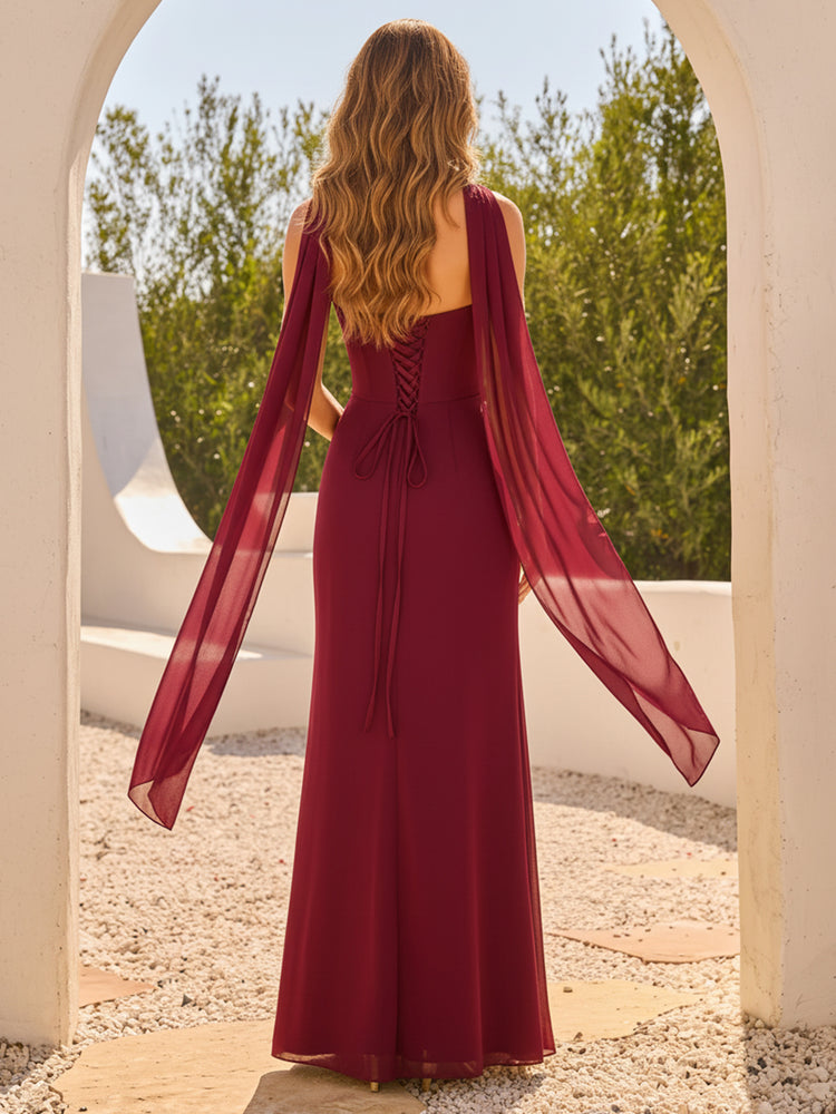Chiffon Mermaid Strapless Long Wedding Guest Dresses with Slit