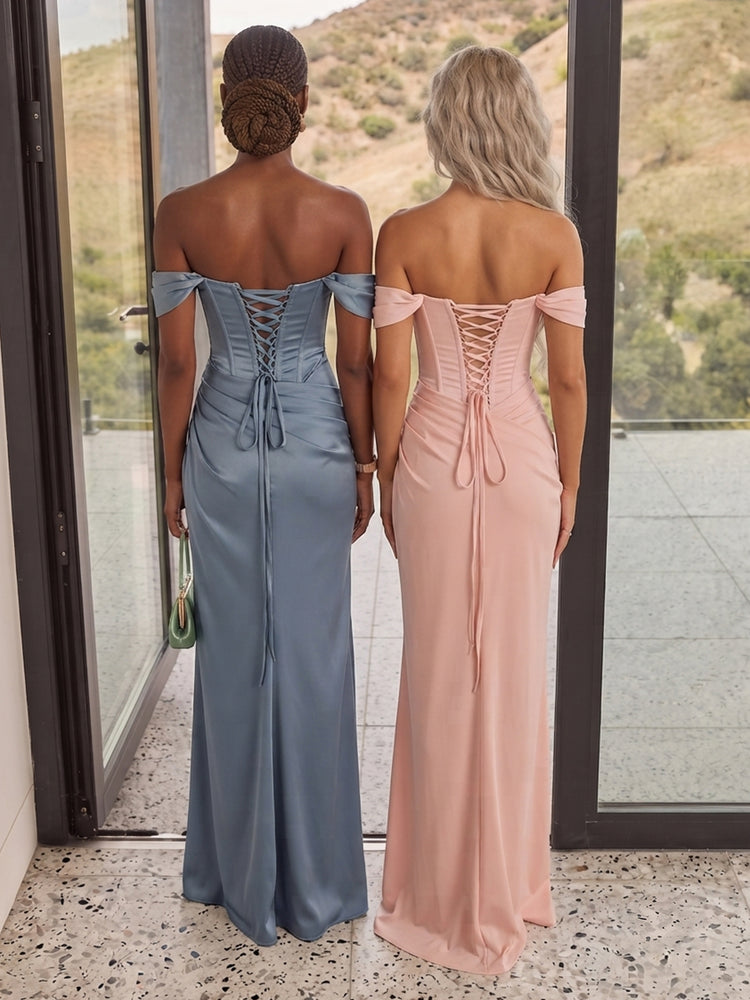 Satin Mermaid Off the Shoulder Long Wedding Guest Dresses with Slit