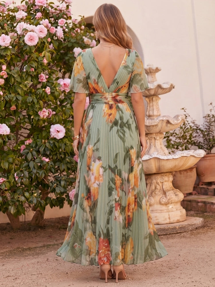 Floral A-Line V Neck Long Wedding Guest Dresses with Belt