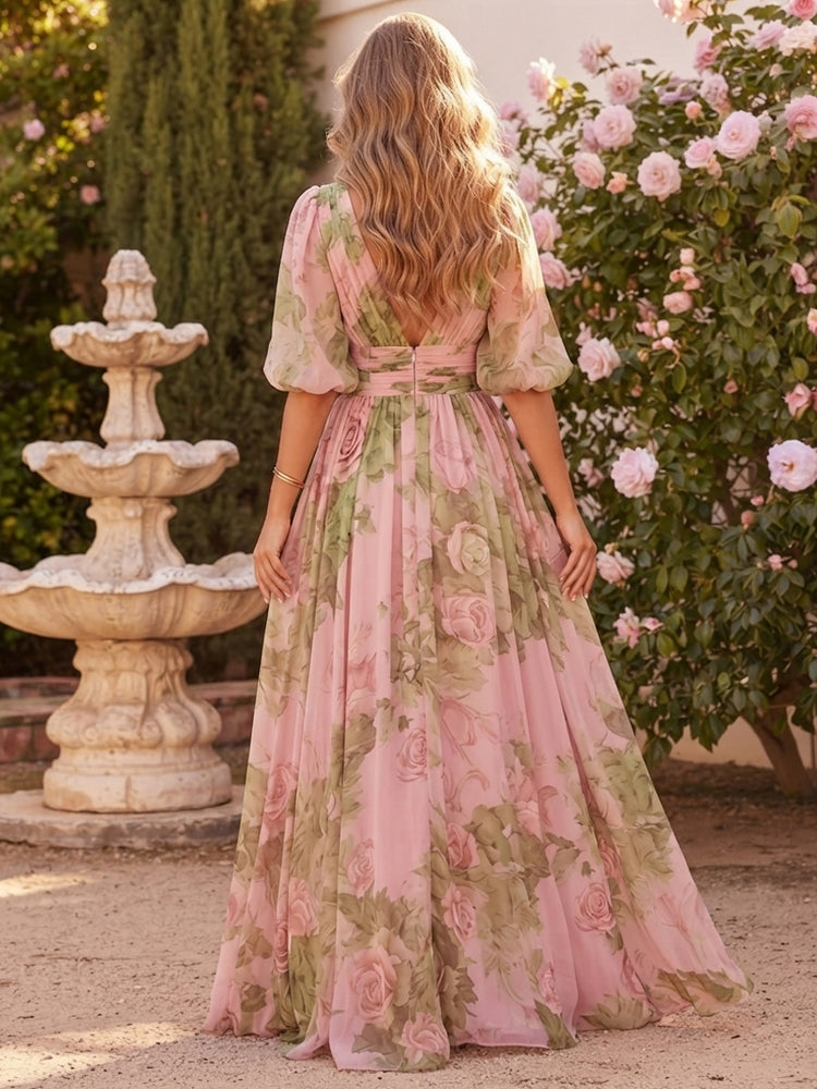 Floral A-Line V Neck Long Wedding Guest Dresses with Pleated