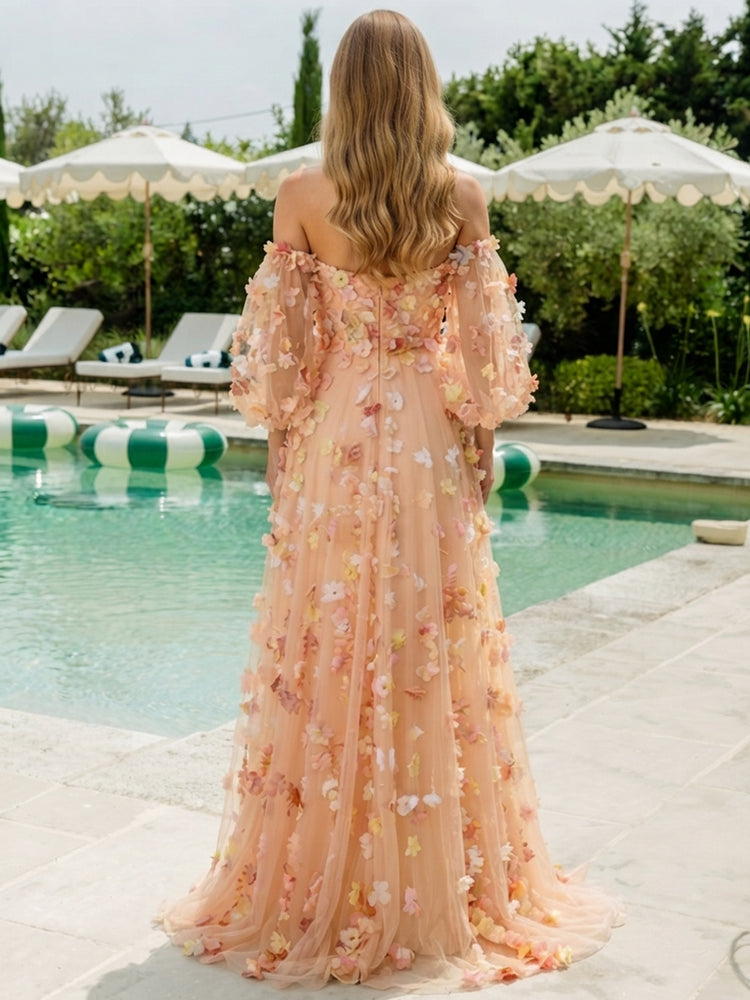 Tulle A-Line Off the Shoulder Long Wedding Guest Dresses with 3D Flowers