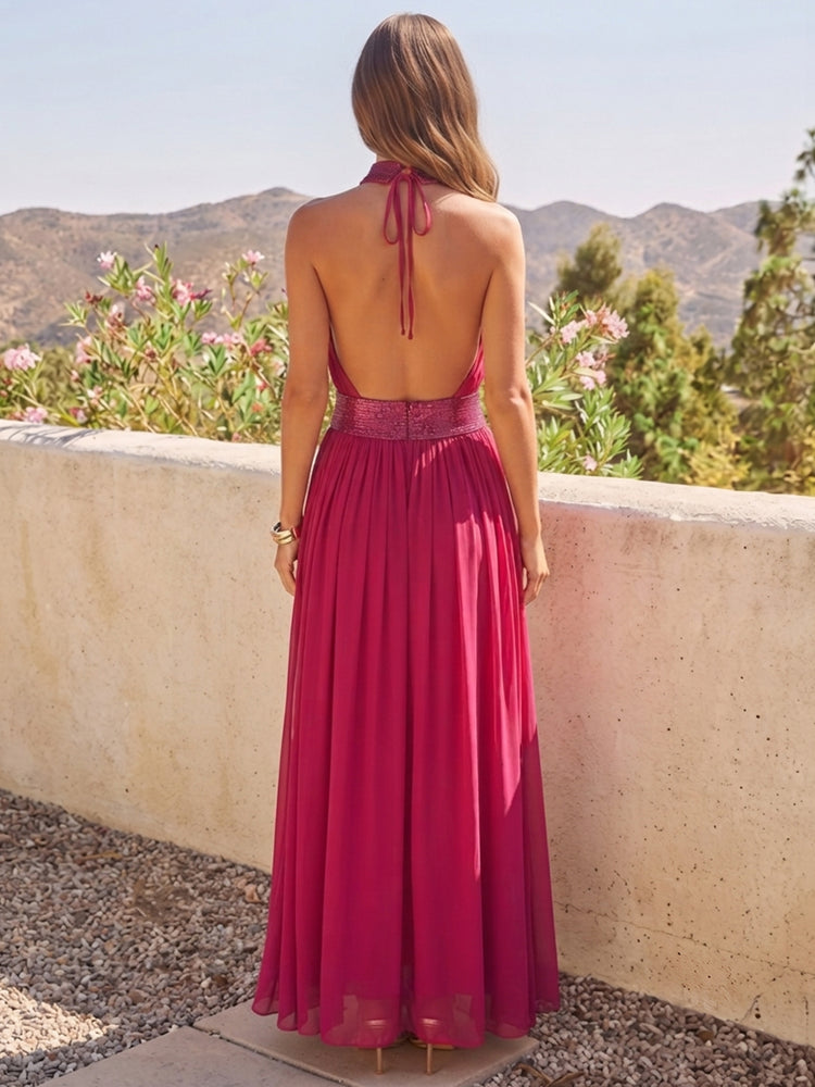 Chiffon A-Line Halter Long Wedding Guest Dresses with Sequin