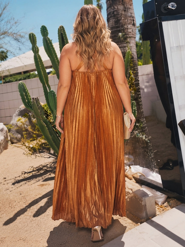 Satin A-Line Halter Long Wedding Guest Dresses with Pleated