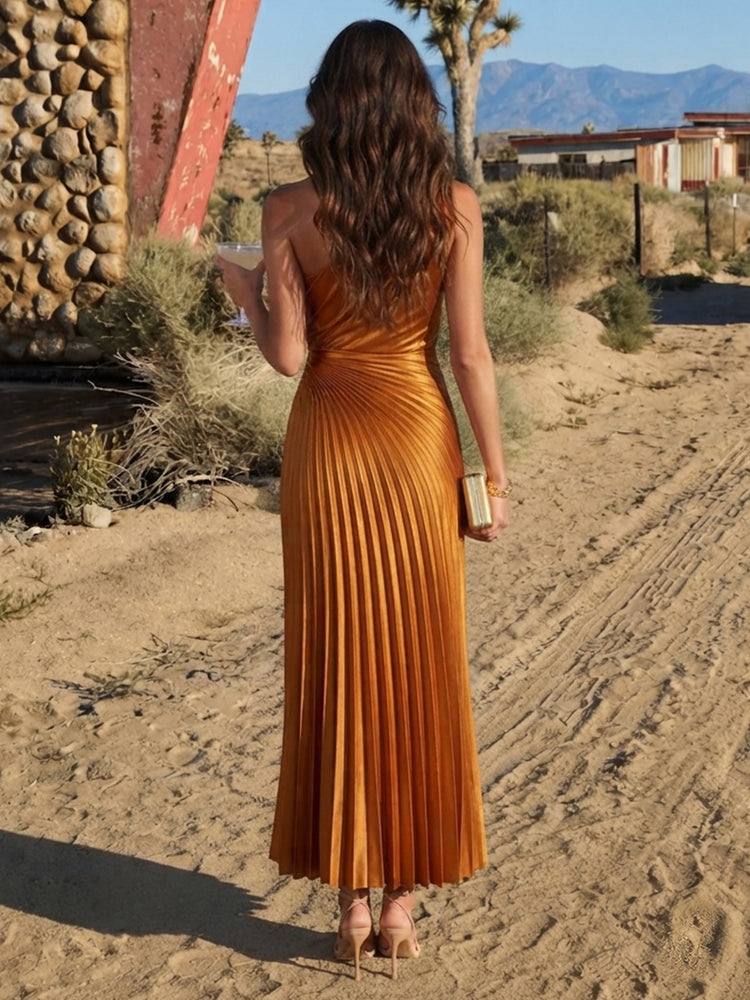 Satin Mermaid One Shoulder Long Wedding Guest Dresses with Pleated