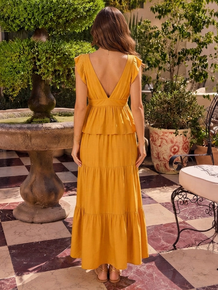 Satin A-Line V Neck Long Wedding Guest Dresses with Tiered