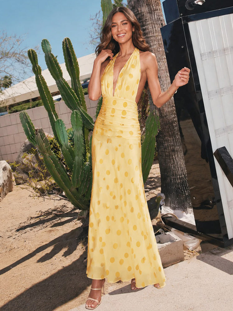 Satin Mermaid Halter Long Wedding Guest Dresses with Polka Dot