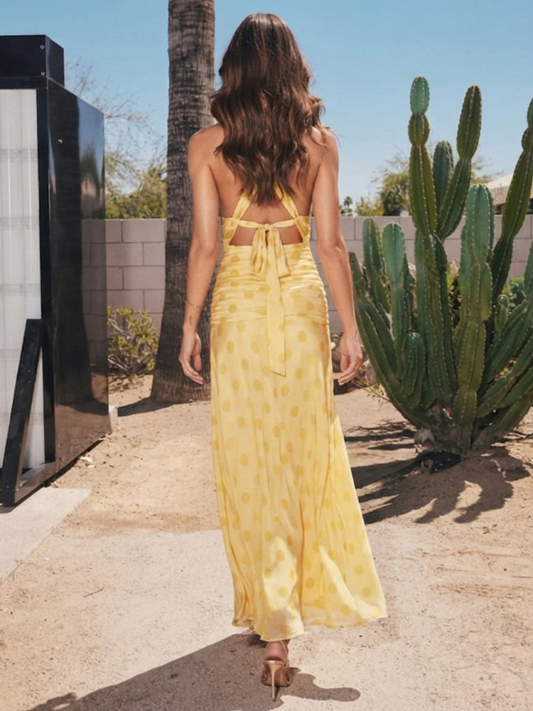 Satin Mermaid Halter Long Wedding Guest Dresses with Polka Dot