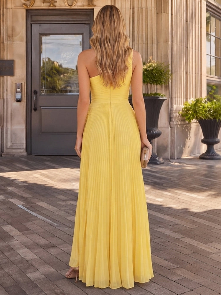 Chiffon A-Line One Shoulder Long Wedding Guest Dresses with Slit