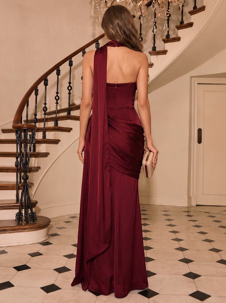 Satin Mermaid Strapless Long Wedding Guest Dresses with Scarf