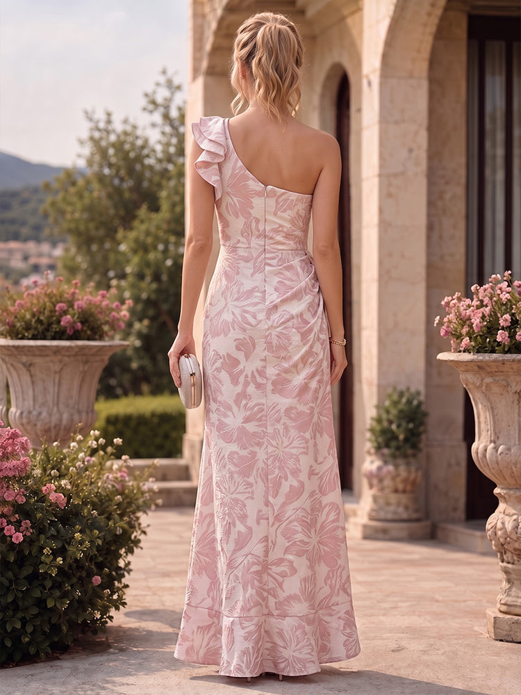 Jacquard Mermaid One Shoulder Long Wedding Guest Dresses with Slit