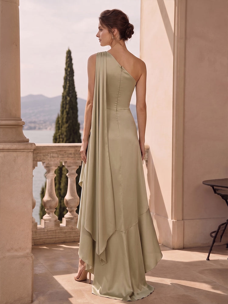 Satin Mermaid One Shoulder Long Wedding Guest Dresses with Pleated