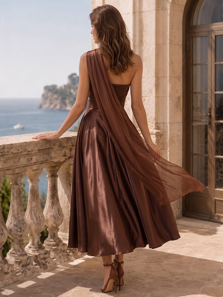 Satin A-Line One Shoulder Midi Wedding Guest Dresses with Scarf