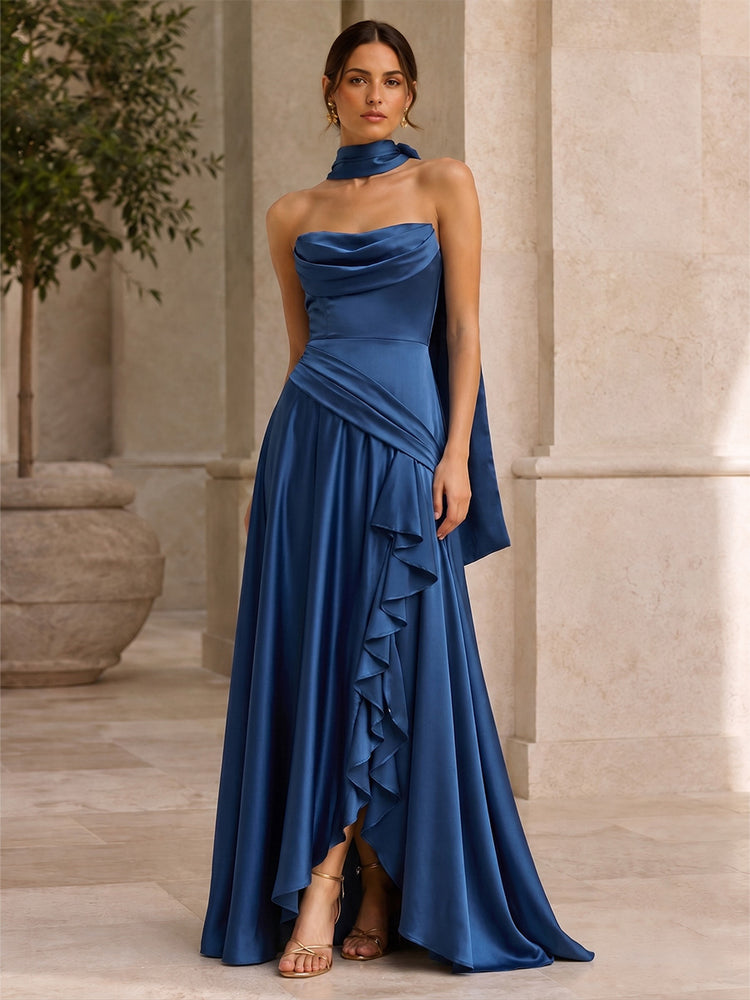 Satin A-Line Strapless Long Wedding Guest Dresses with Ruffles