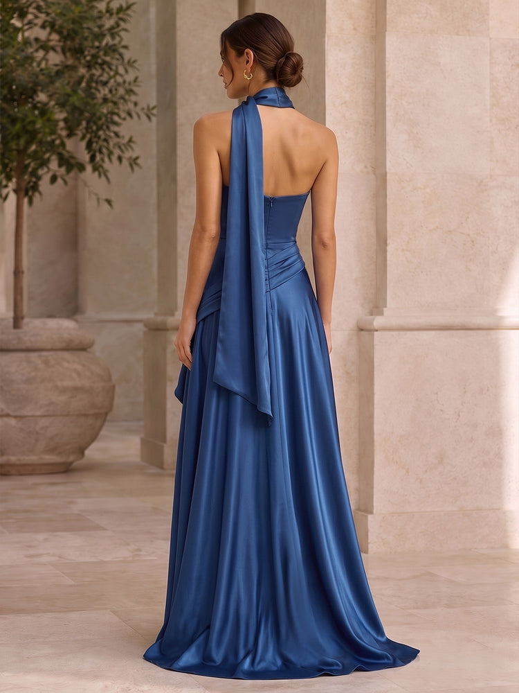 Satin A-Line Strapless Long Wedding Guest Dresses with Ruffles