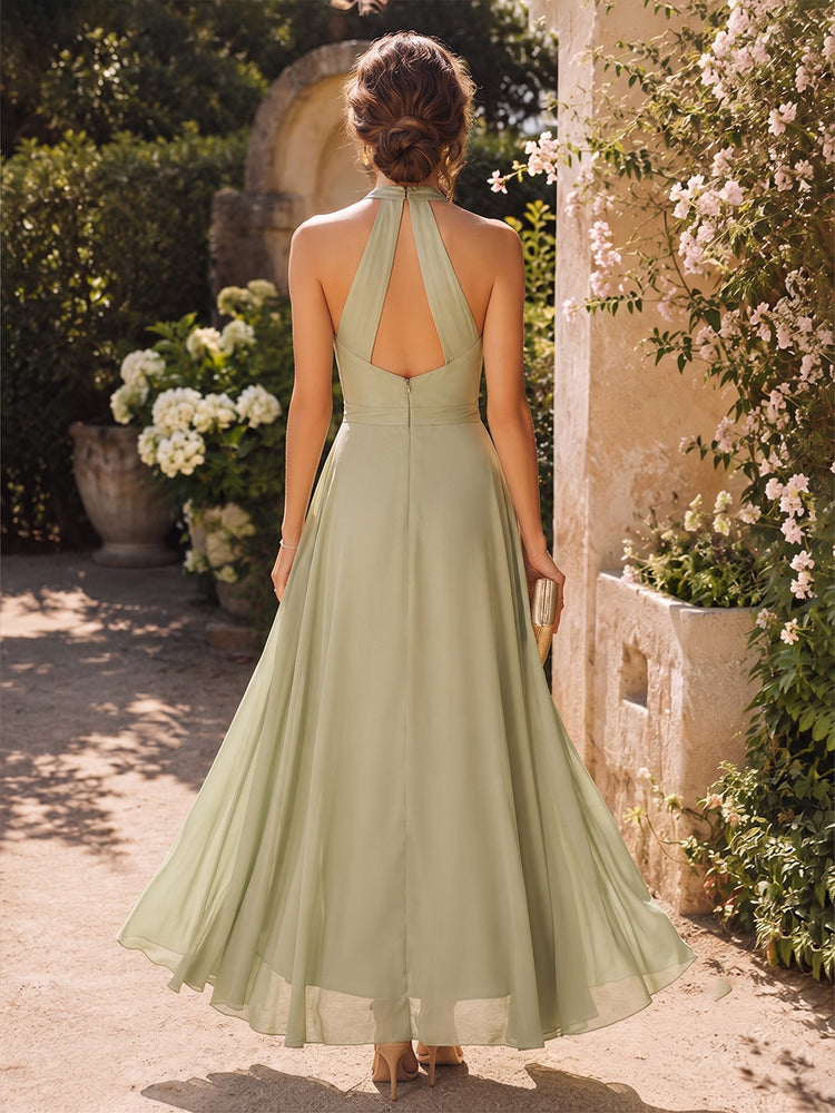 Chiffon A-Line Halter Long Wedding Guest Dresses with Pleated