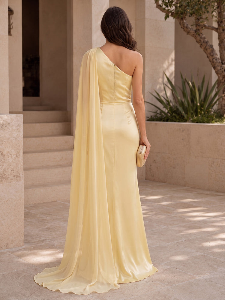 Satin Mermaid One Shoulder Long Wedding Guest Dresses with Slit
