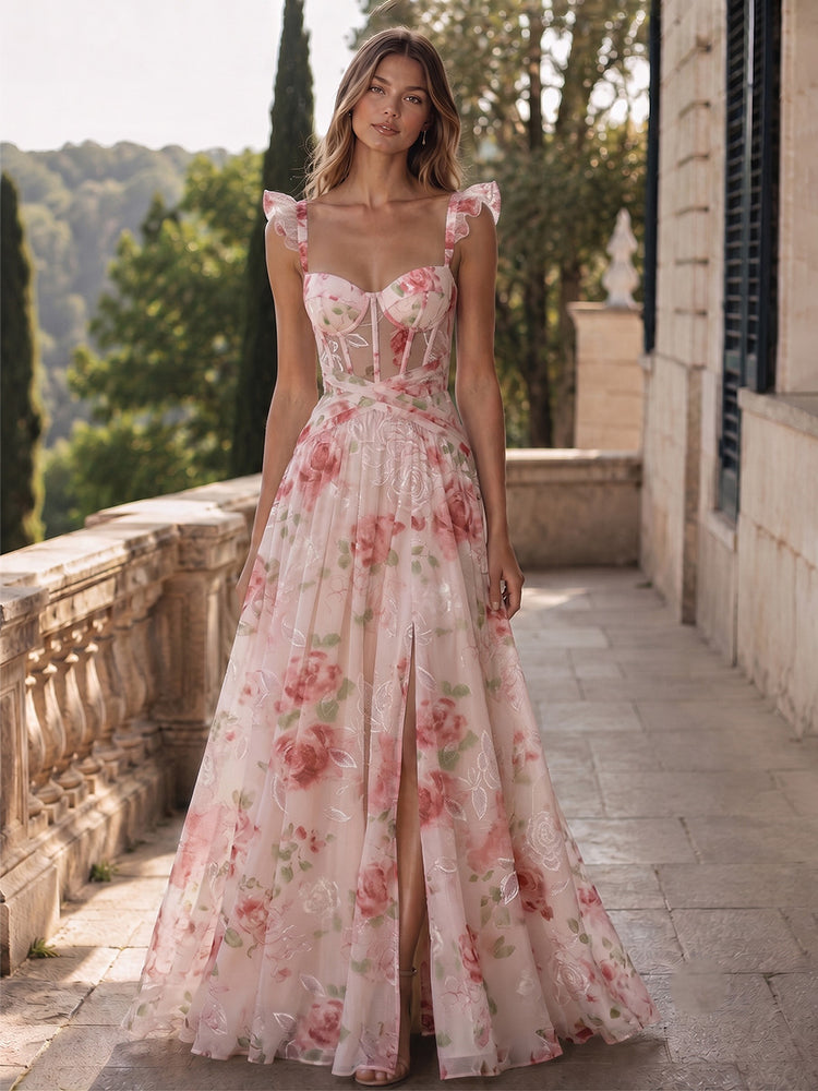 Chiffon Floral A-Line Spaghetti Straps Long Wedding Guest Dresses with Slit