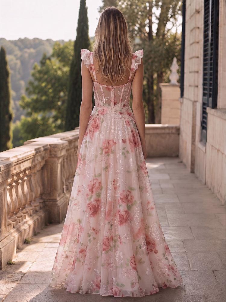 Chiffon Floral A-Line Spaghetti Straps Long Wedding Guest Dresses with Slit