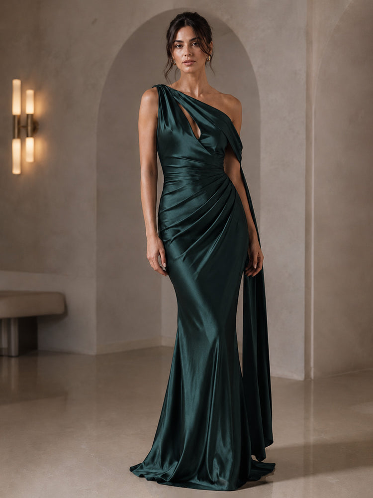 Satin Mermaid One Shoulder Long Wedding Guest Dresses with Pleated