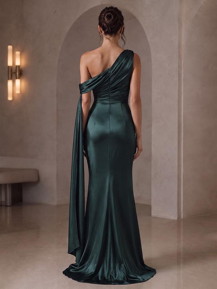 Satin Mermaid One Shoulder Long Wedding Guest Dresses with Pleated