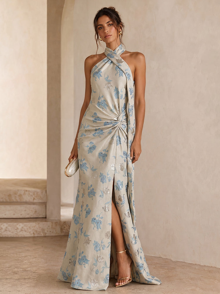 Jacquard Mermaid Halter Long Wedding Guest Dresses with Slit