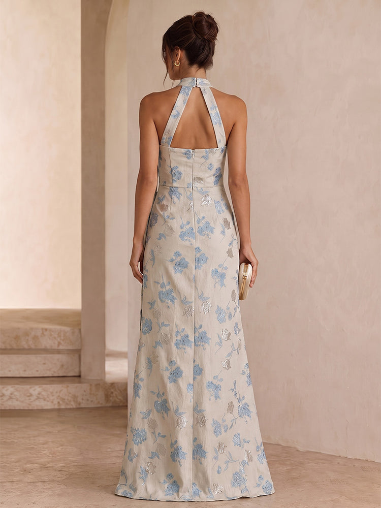 Jacquard Mermaid Halter Long Wedding Guest Dresses with Slit