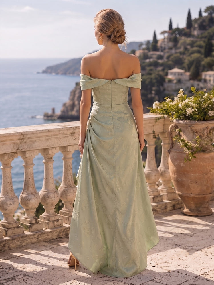 Jacquard Mermaid Off the Shoulder Long Wedding Guest Dresses with Pleated