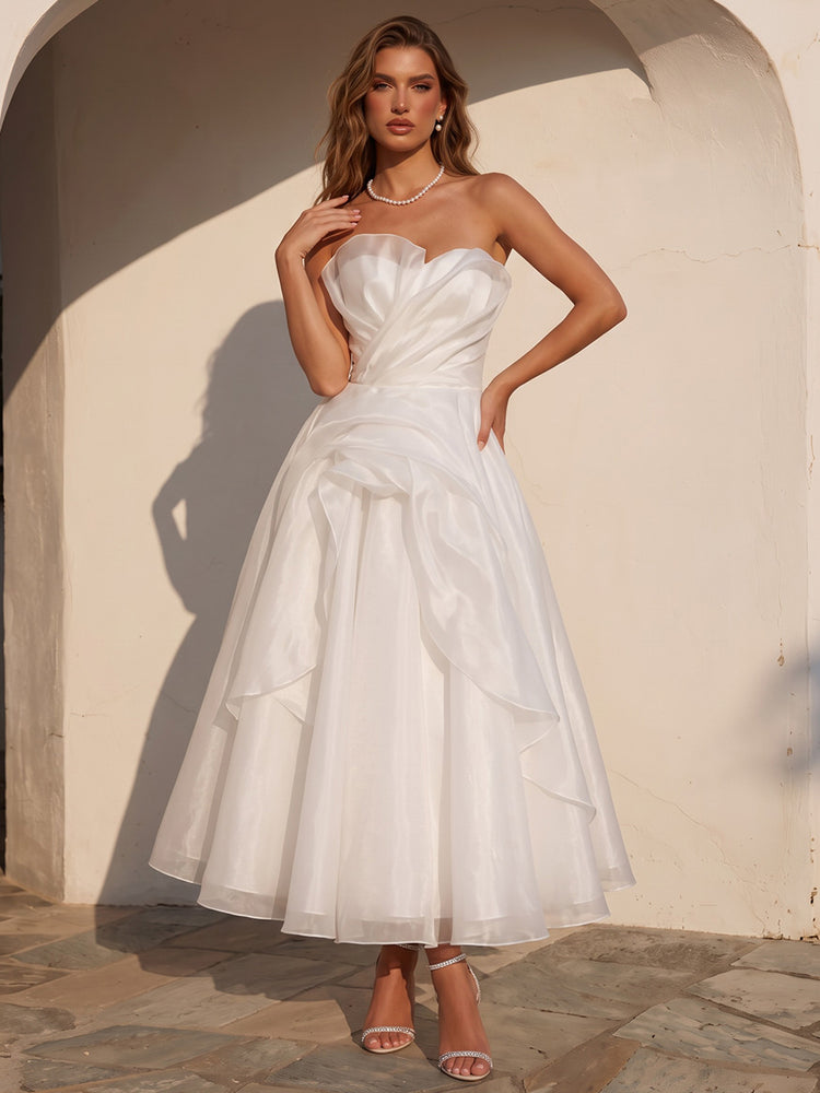 Tulle A-Line Strapless Long Wedding Guest Dresses with Pleated