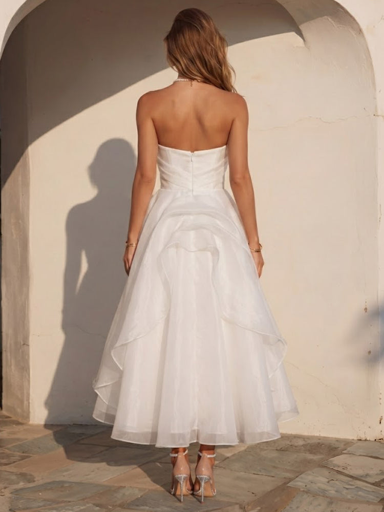 Tulle A-Line Strapless Long Wedding Guest Dresses with Pleated