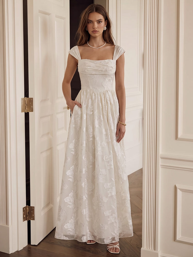 Jacquard A-Line Spaghetti Straps Long Wedding Guest Dresses with Pocket