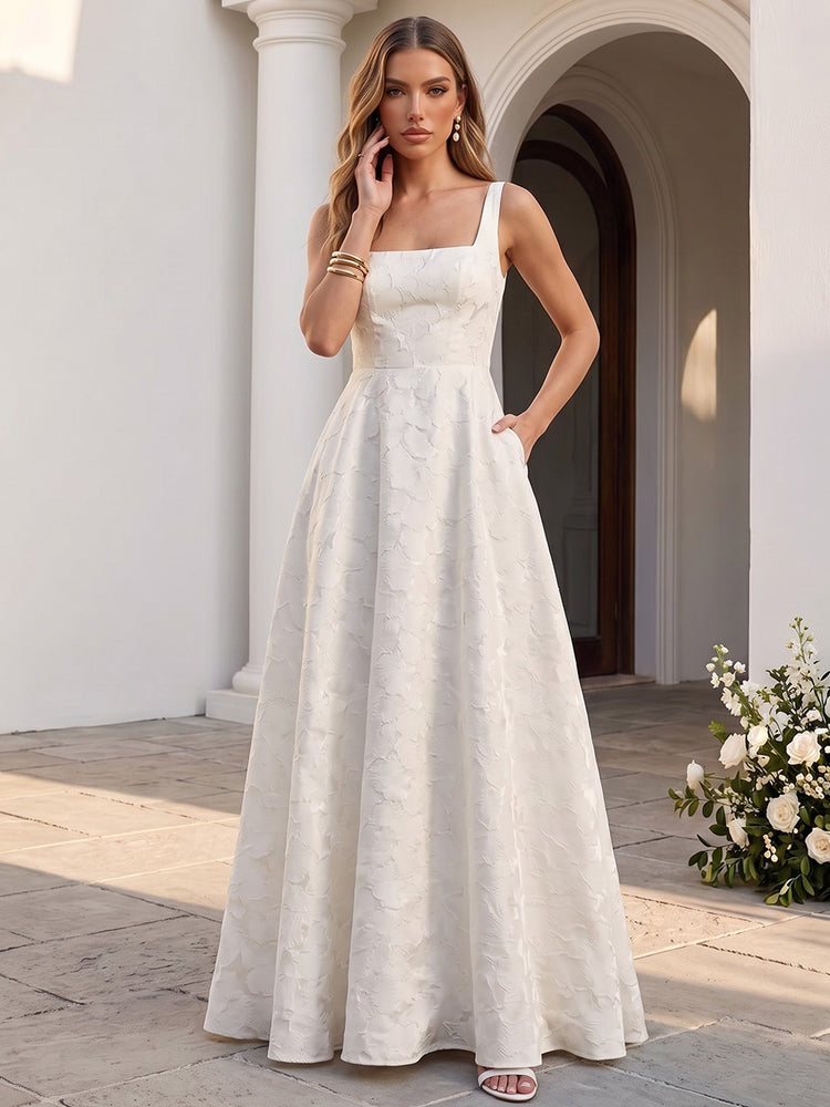Jacquard A-Line Spaghetti Straps Long Wedding Guest Dresses with Pocket