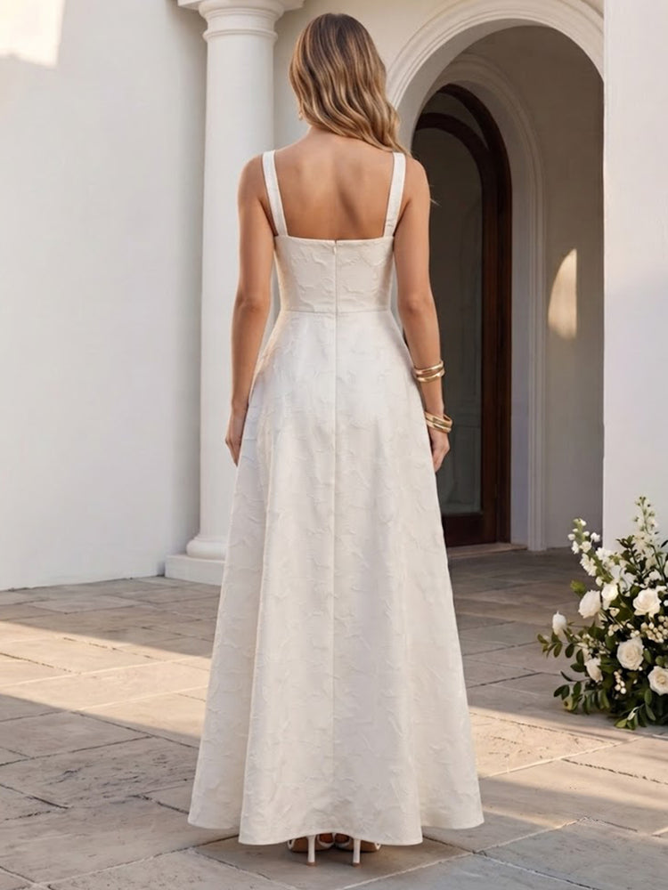 Jacquard A-Line Spaghetti Straps Long Wedding Guest Dresses with Pocket