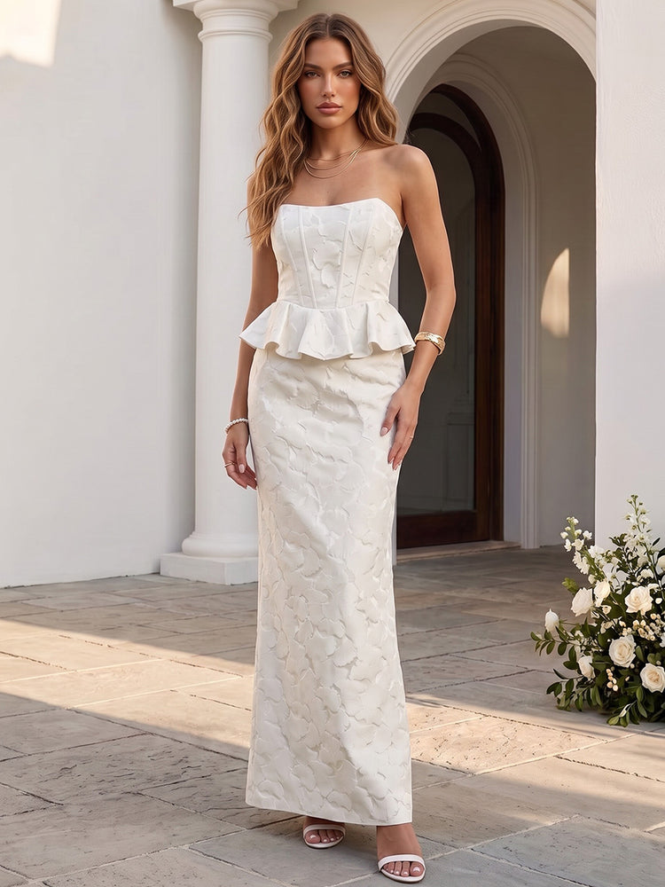 Jacquard Mermaid Strapless Long Wedding Guest Dresses with Pleated