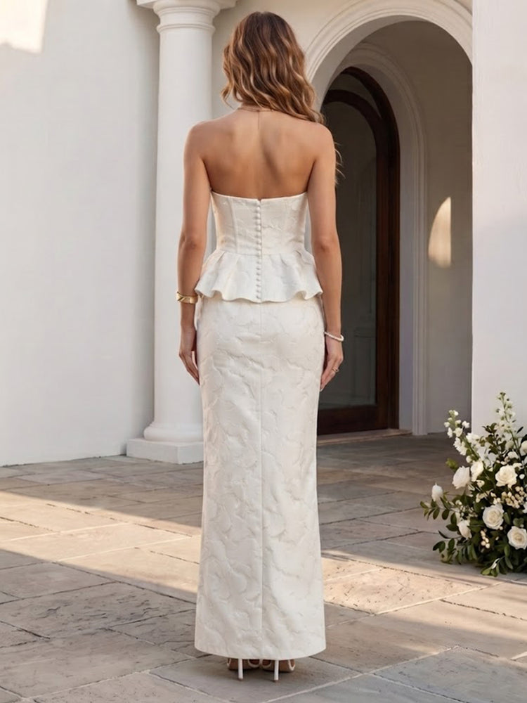 Jacquard Mermaid Strapless Long Wedding Guest Dresses with Pleated