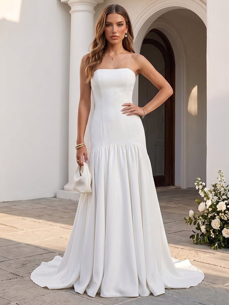 Satin Mermaid Strapless Long Wedding Guest Dresses with Pleated