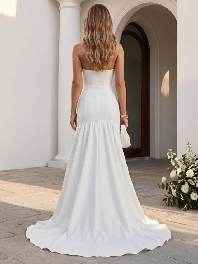 Satin Mermaid Strapless Long Wedding Guest Dresses with Pleated
