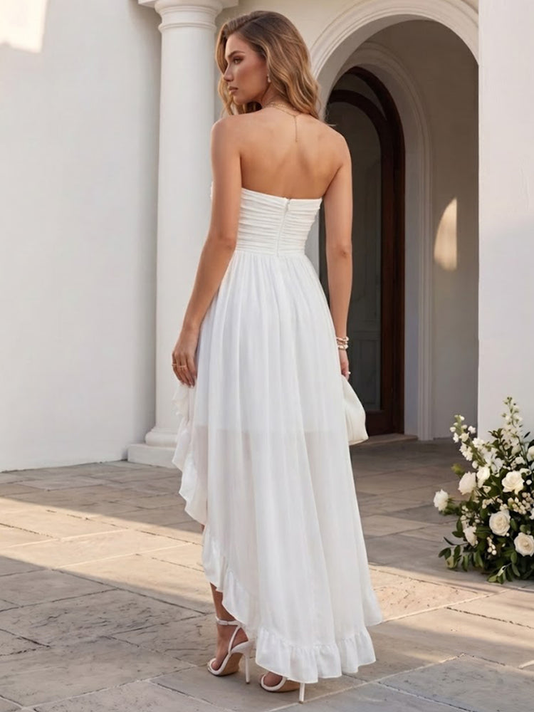 Chiffon A-Line Strapless Long Wedding Guest Dresses with Pleated