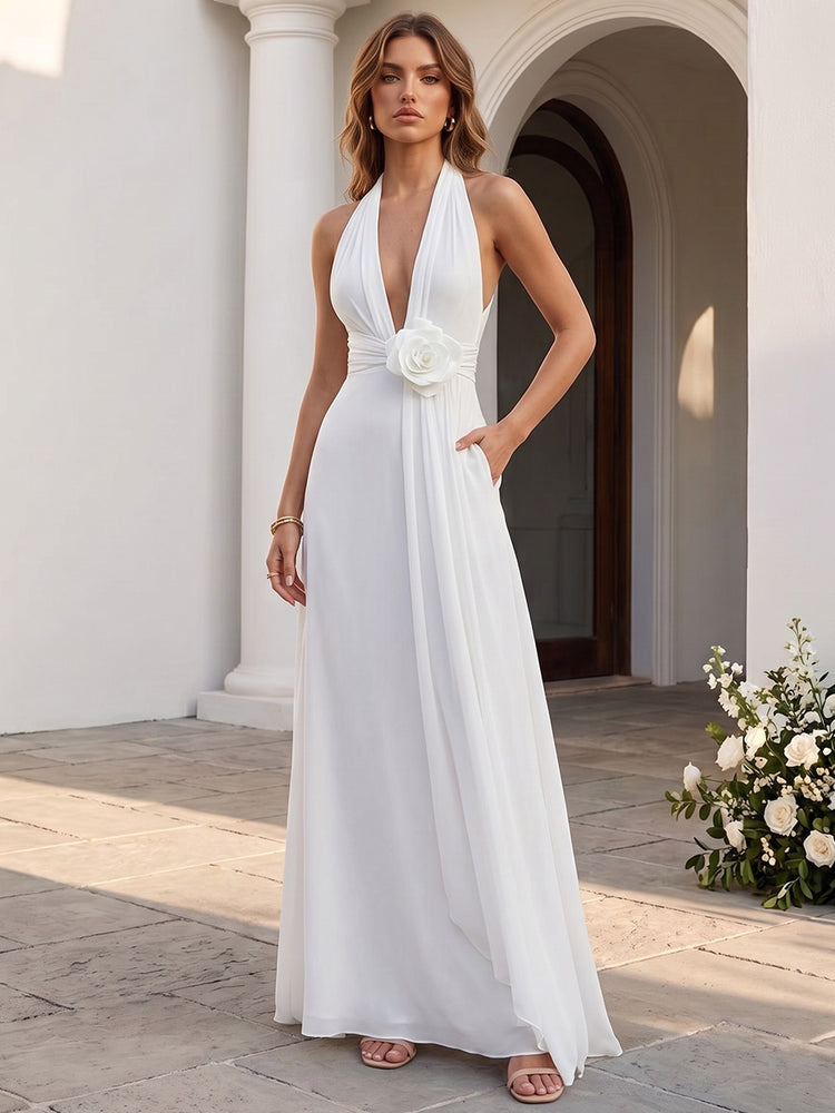 Chiffon A-Line Halter Long Wedding Guest Dresses with 3D Flowers