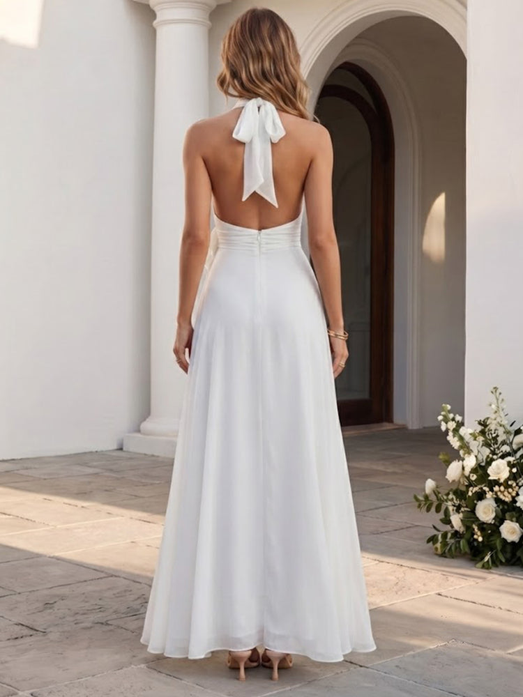 Chiffon A-Line Halter Long Wedding Guest Dresses with 3D Flowers