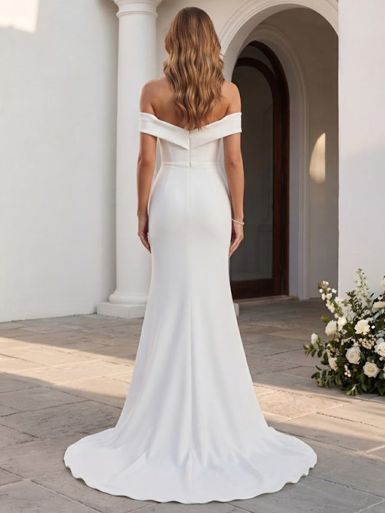 Satin Mermaid Off the Shoulder Long Wedding Guest Dresses with Slit