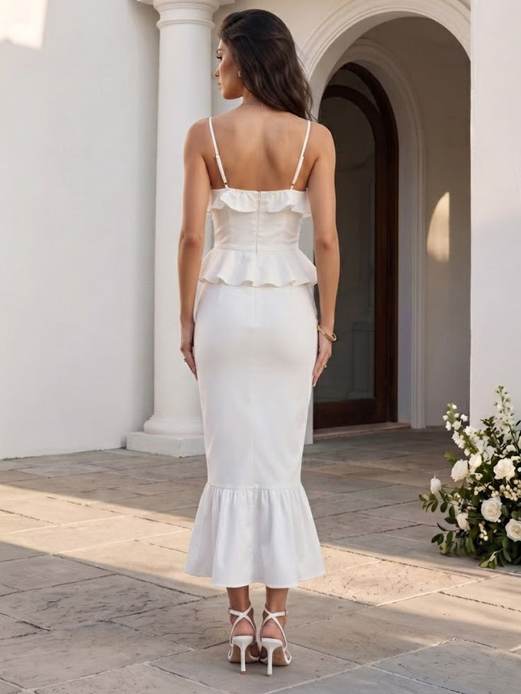 Satin Mermaid Spaghetti Straps Long Wedding Guest Dresses with Ruffles