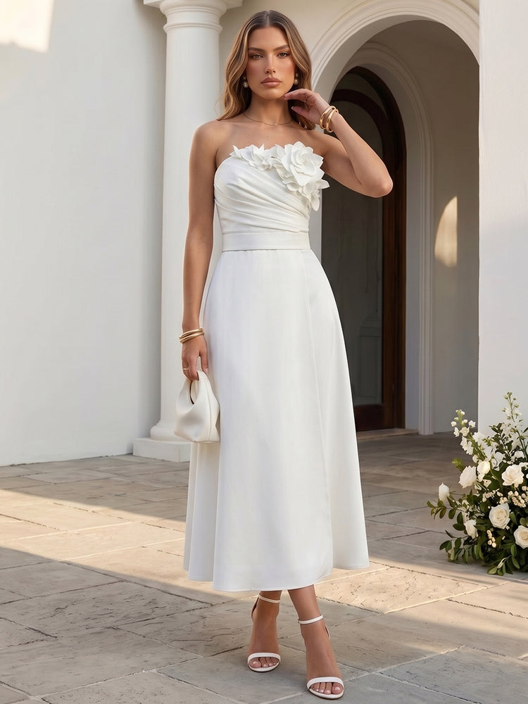 Satin A-Line Strapless Long Wedding Guest Dresses with 3D Flowers