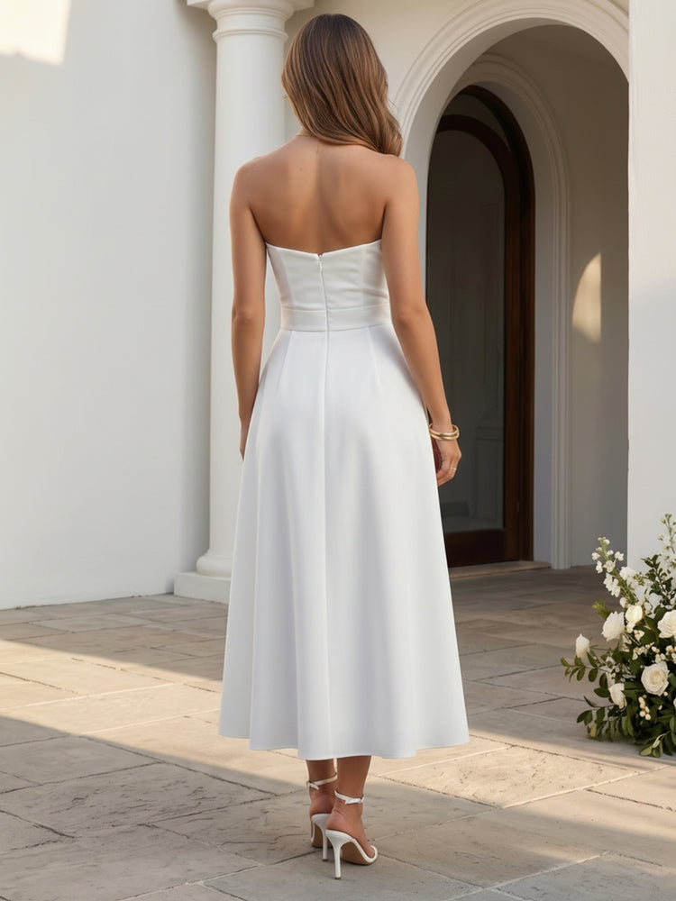 Satin A-Line Strapless Long Wedding Guest Dresses with 3D Flowers