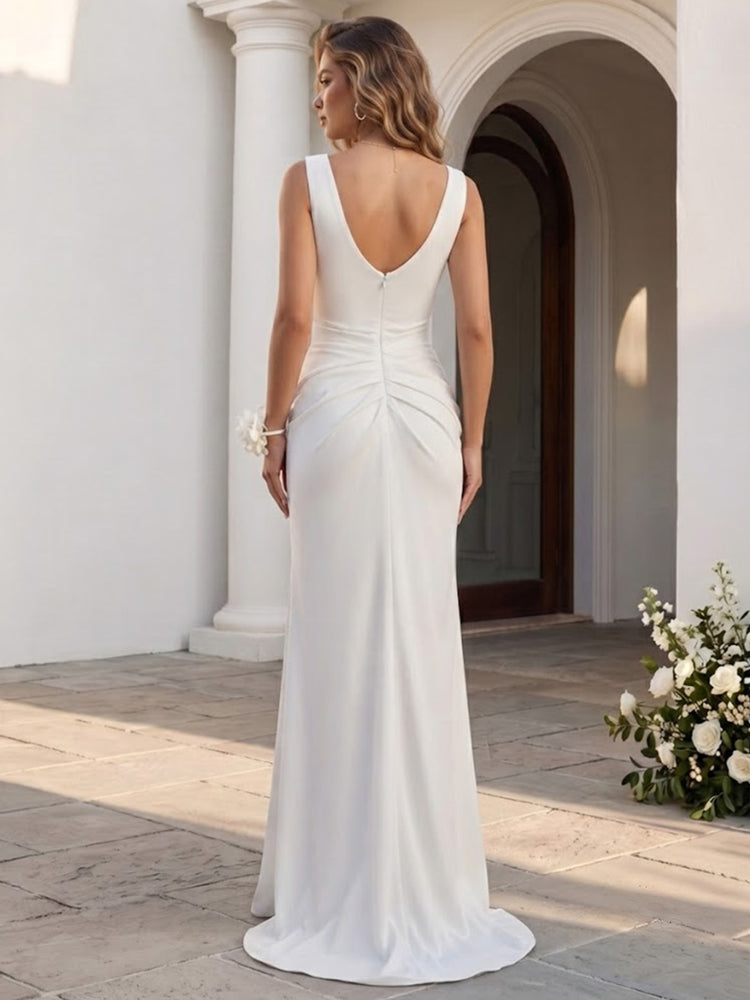 Satin Mermaid Boat Neck Long Wedding Guest Dresses with Slit